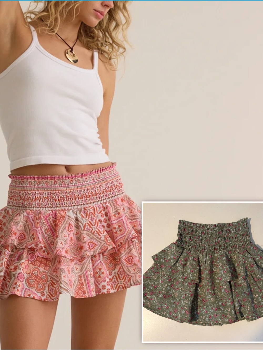 NWT Altar’d State Smocked Waist Olive Green Floral Mini Skirt XS